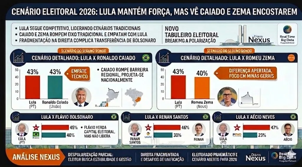 Pesquisa Real Time expõe novo tabuleiro eleitoral: Lula mantém força nacional, mas vê Caiado e Zema encostarem em cenários decisivos